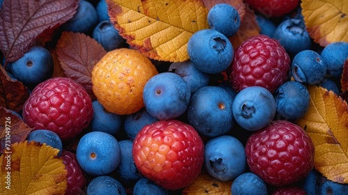 blueberries, raspberries, and oranges are arranged in a pile with leaves on top of them. photo