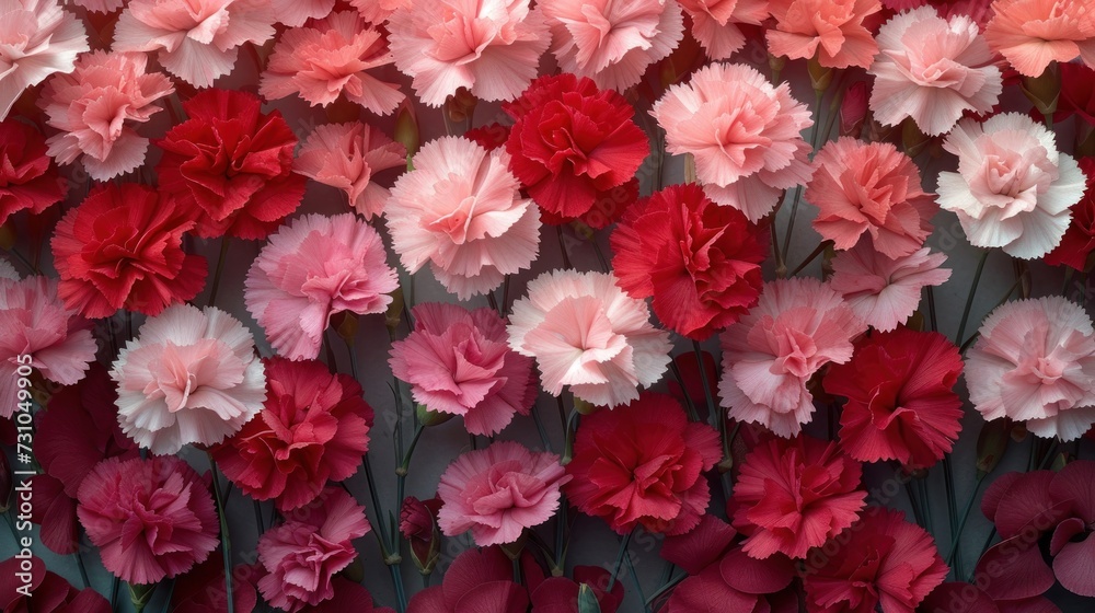 a bunch of pink and red carnations are in a flower arrangement on a gray background with pink and red flowers in the center of the photo. a bunch of pink and red carnations are in a flower arrangement on a gray background with pink and red flowers in the center of the photo.