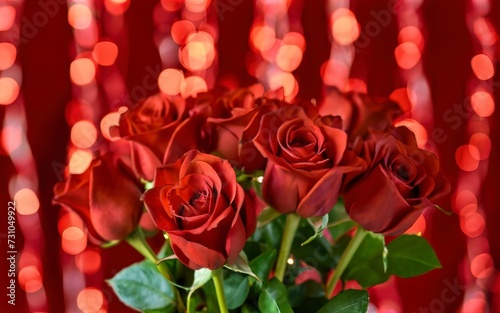 Close up of red roses bouquet on blurred sparkling backdrop. Love romantic concept