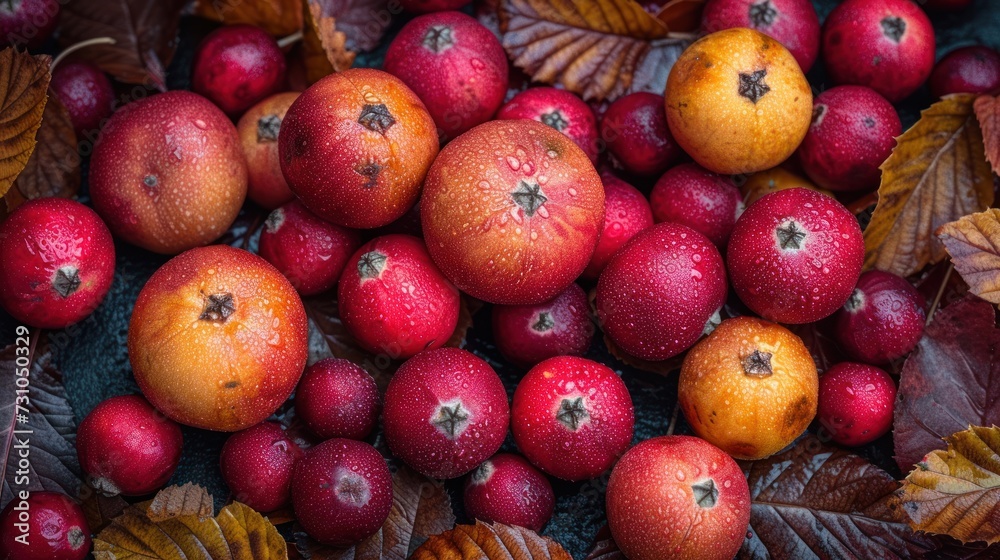 a pile of apples and oranges sitting on top of a pile of leaves with drops of water on them.