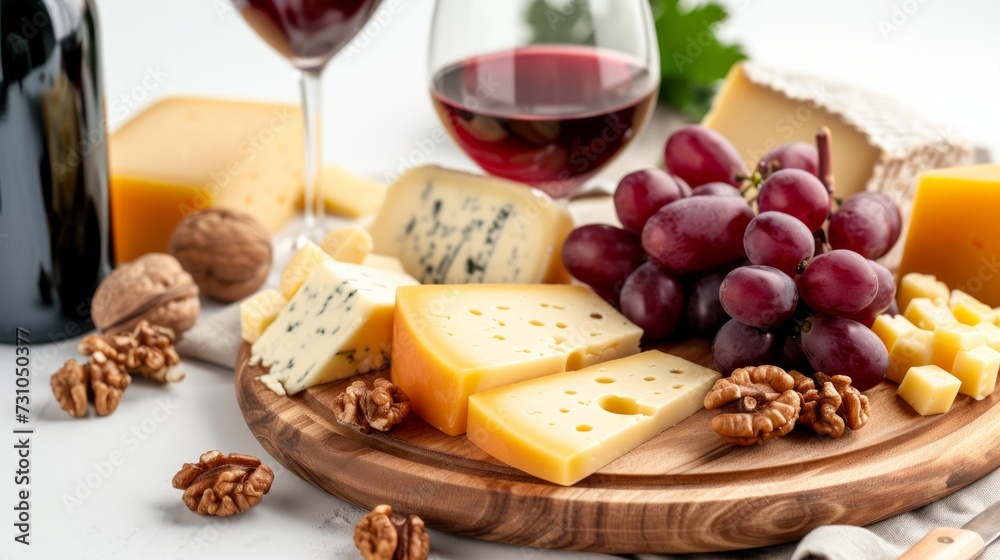 Elegantly arranged cheese board with grapes, walnuts on white background. Red wine bottle, glass complement the scene.