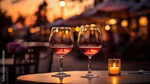 Two glasses of wine sit on a table alongside a flickering candle, creating a warm and inviting ambiance.