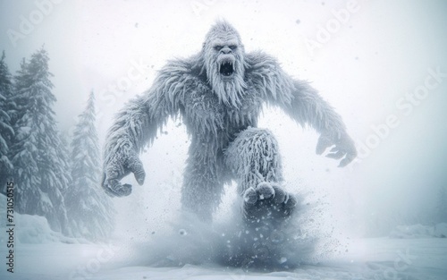 Angry bigfoot sasquatch run through the snowy field