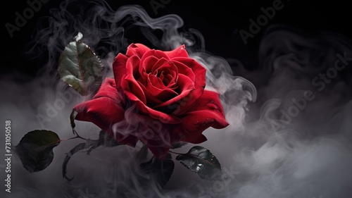 A red rose emits smoke, creating a striking visual effect.