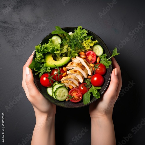 Woman's hands holding a bowl with salad with tomatoes, chicken, avocado, green leaves, top view of only hands with space for text or inscriptions, healthy eating theme.i