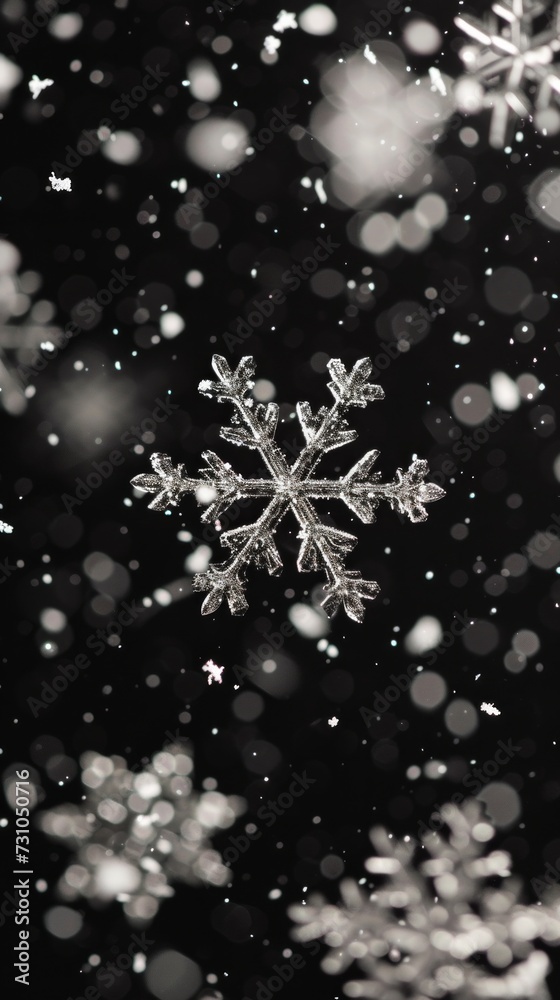 Fototapeta premium Snowflakes gently falling against a black background create a serene and festive atmosphere reminiscent of Christmas.