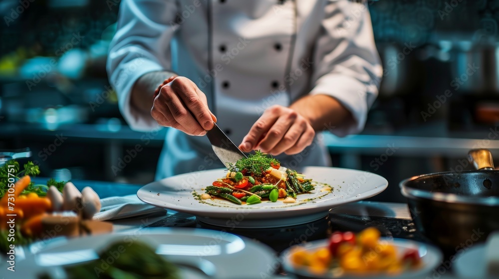 A close-up image captures a chef meticulously preparing a gourmet dish, highlighting the attention to detail and culinary expertise involved in the process.