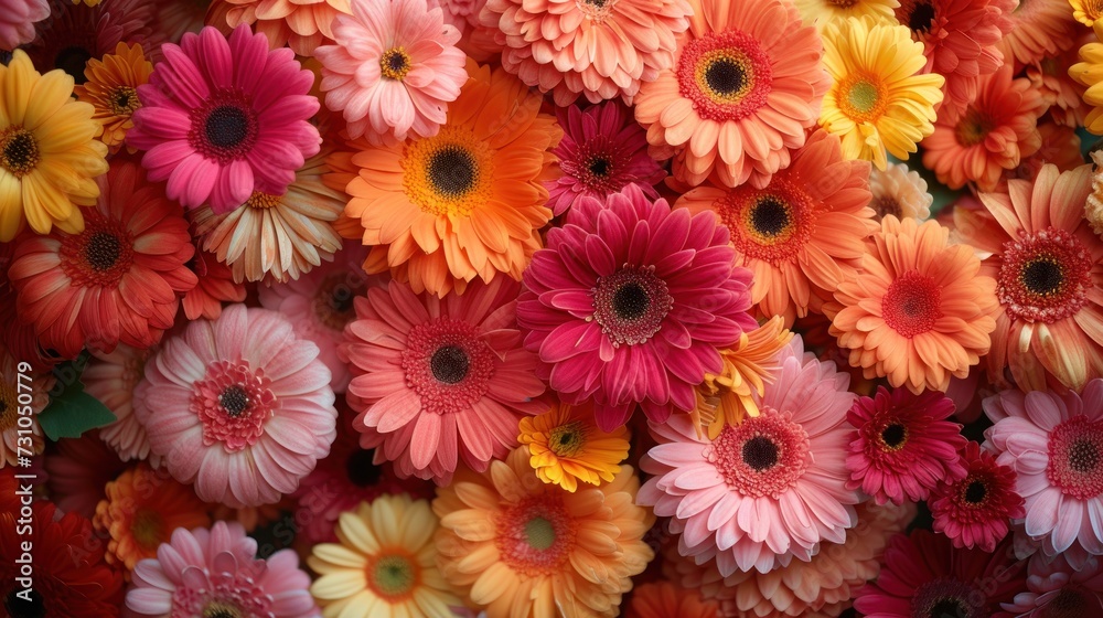 a close up of a bunch of flowers that are pink, orange, yellow, and red with a black center. a close up of a bunch of flowers that are pink, orange, yellow, and red with a black center.