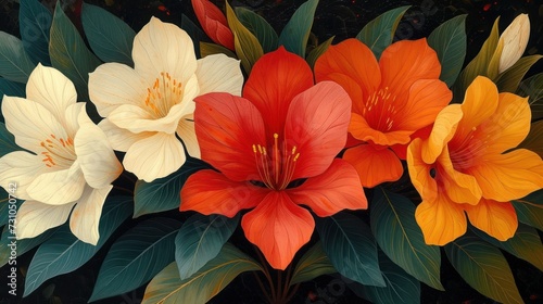 a close up of a painting of flowers with leaves on the bottom of the picture and on the bottom of the picture. photo