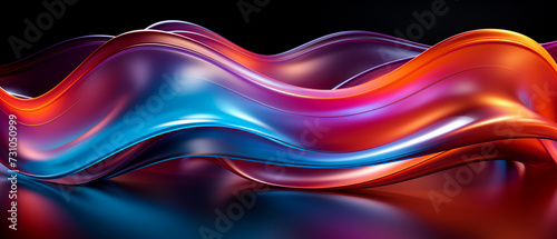 Vibrant abstract color wave on black backdrop: Dynamic hues blend with clarity. Abstract ultra wide orange blue azure pink purple lilac dark gradient background. Banner, wallpaper, template, desktop