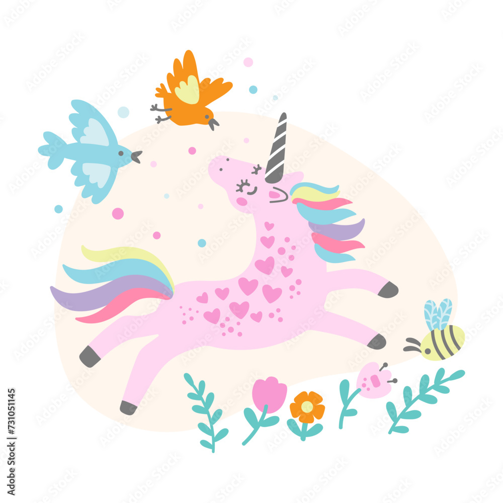 Cute unicorn with birds and flowers vector