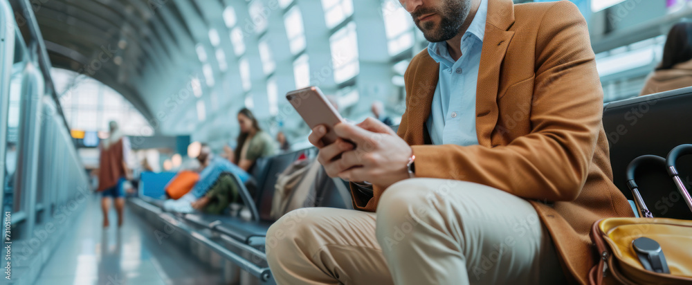 Fototapeta premium Business man using mobile phone to book plane ticket through online application, sitting on travel checking travel time on board at airport, travel, payment, due, booking, online, check in