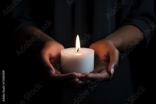 A person tightly grips a flickering lit candle in their hands, illuminating their surroundings.
