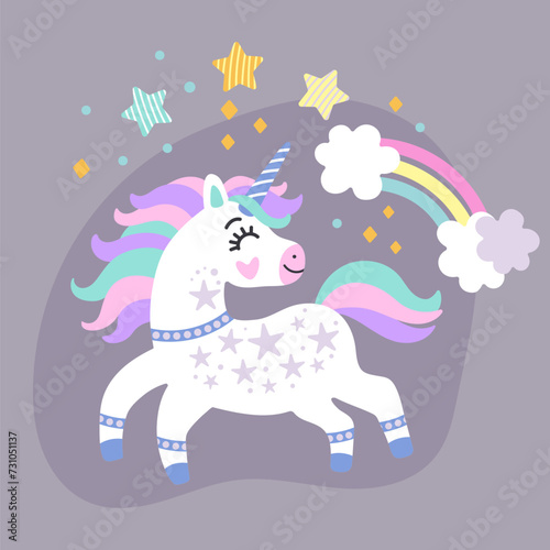 Cute unicorn with a rainbow vector illustration