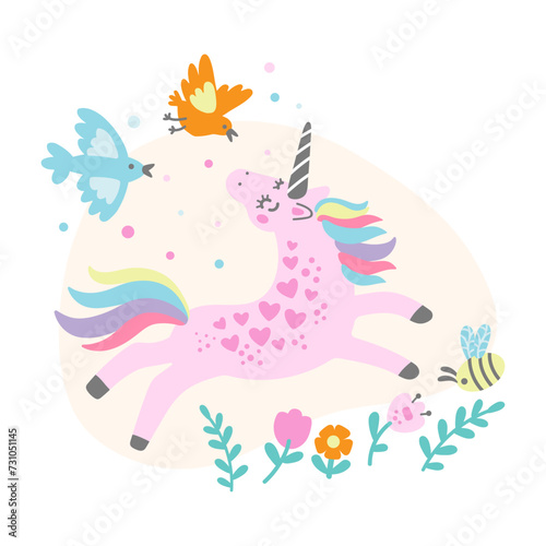 Cute unicorn with birds and flowers vector