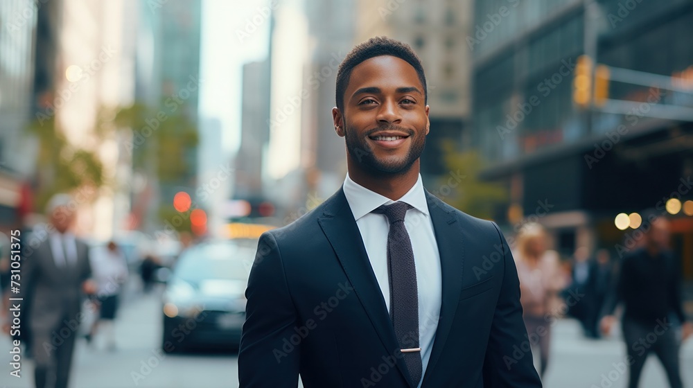 portrait of a handsome smiling white young black businessman boss in a black suit walking on a city street to his company office. blurry crowdy street background --ar 16:9 portrait of a handsome smiling white young black businessman boss in a black suit walking on a city street to his company office. blurry crowdy street background --ar 16:9