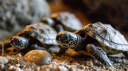 Hyperrealistic portrayal of miniature turtles in a carefully crafted miniature beach scene, showcasing their endearing expressions and intricate shell patterns