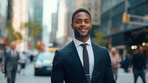 portrait of a handsome smiling white young black businessman boss in a black suit walking on a city street to his company office. blurry crowdy street background --ar 16:9