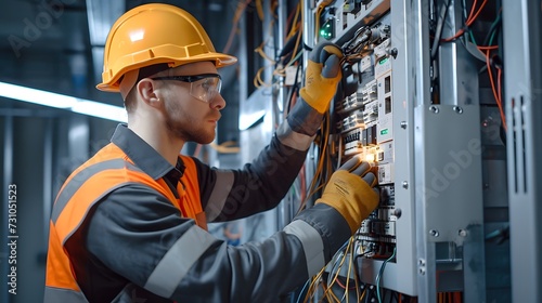 Electrician wearing safety uniform, eyeglasses and hard hats working in a switchboard with an electrical connecting cable. Industrial electric panel repair.