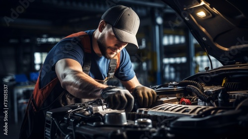 A mechanic in a well-lit garage, examining an engine under the hood