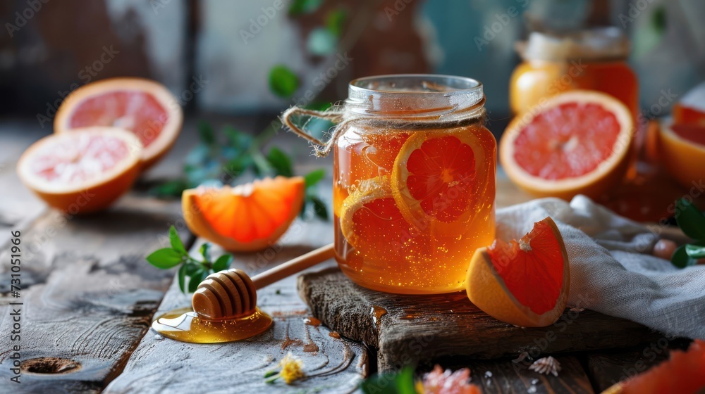 Iconic depiction of honey paired with the citrusy goodness of grapefruit, elegantly presented in a glass jar with a wooden spoon dipper - obrazy, fototapety, plakaty 