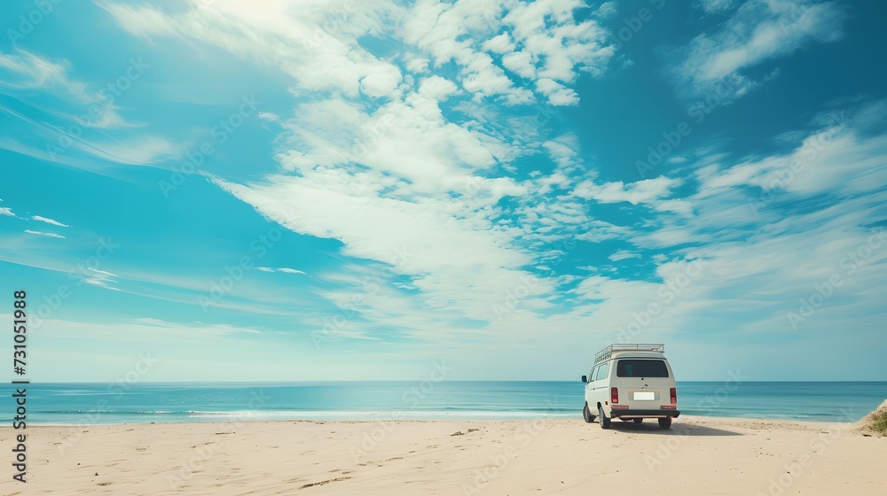 Camper surf van along tropical beach coastline. retro bus, summertime, view from behind, copy space. Camper surf van along tropical beach coastline. retro bus, summertime, view from behind, copy space.
