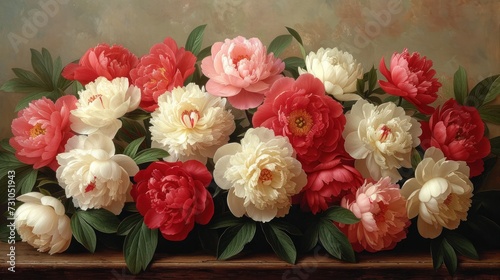 a painting of a bunch of peonies on a wooden ledge with leaves and flowers in the foreground.