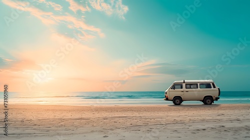 Camper surf van with dusk sky along tropical beach coastline. retro bus  view from side  copy space.