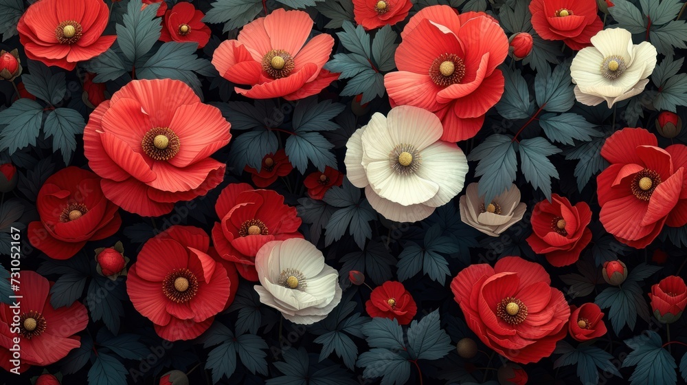 a bunch of red and white flowers that are on a plant with green leaves and red and white flowers in the background.