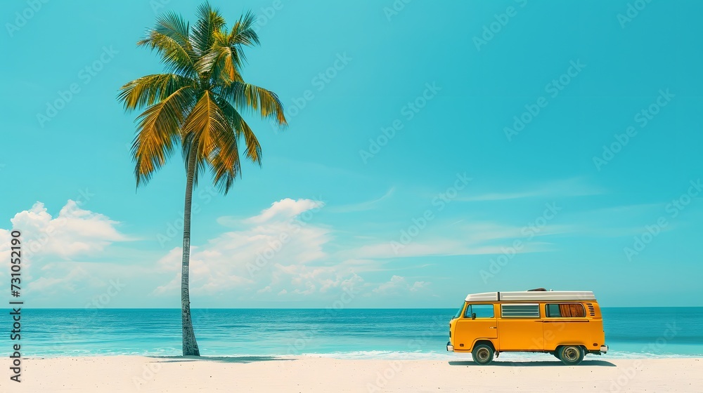 Camper surf van and palm trees along tropical beach coastline. Yellow retro bus, summertime. view from behind, copy space.