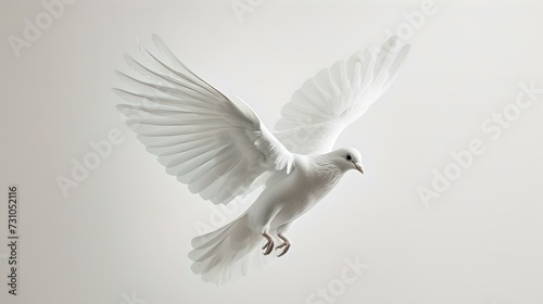 Majestic white dove in flight against a soft grey background. symbol of peace and purity captured mid-air. serene and graceful bird. AI