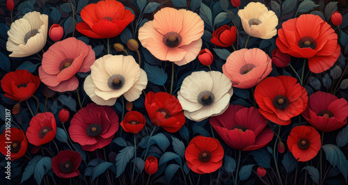 a group of red  white and blue flowers on a black background with leaves and flowers in the middle of the picture.