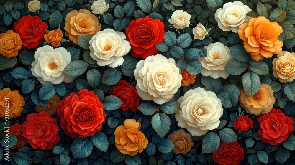 a close up of a bunch of flowers on a wall with leaves and flowers on the side of the wall. a close up of a bunch of flowers on a wall with leaves and flowers on the side of the wall.