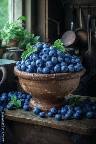 A rustic bowl brimming with dewy blueberries on a wooden surface, bathed in soft light.
