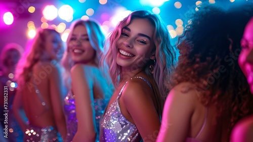 Smiling woman enjoying night out with friends  glittery fashion style at party. vibrant dance floor energy. AI