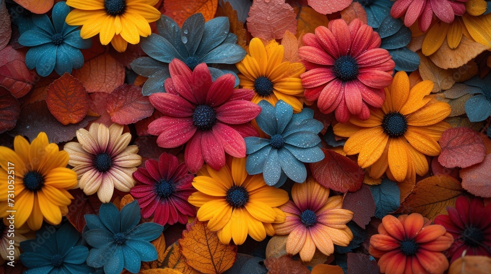 a close up of a bunch of colorful flowers with leaves on the bottom of the petals and on the bottom of the petals is a blue, yellow, red, orange, red, and yellow, and green, and red flower. a close up of a bunch of colorful flowers with leaves on the bottom of the petals and on the bottom of the petals is a blue, yellow, red, orange, red, and yellow, and green, and red flower.