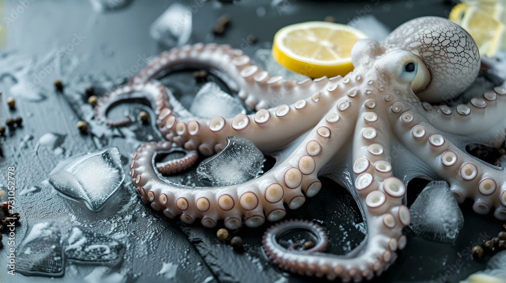 Fototapeta premium Fresh octopus tentacles with ice and lemon on dark slate. seafood raw delicacy, gourmet cooking. close-up view, culinary photography. AI