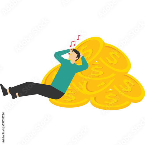 successful businessmen earning investment profit, a Rich man with wealth, early retirement financial independence concept, happy rich businessman lying singing on the pile of coins and banknotes.