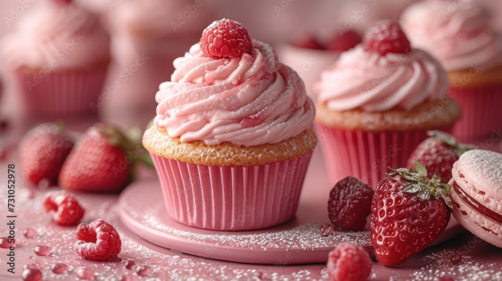 a pink plate topped with cupcakes covered in frosting and topped with raspberries next to other cupcakes.