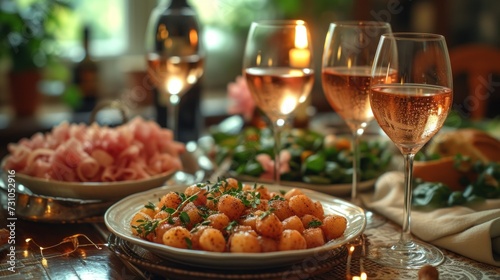 a close up of a plate of food on a table next to a glass of wine and a plate of food.