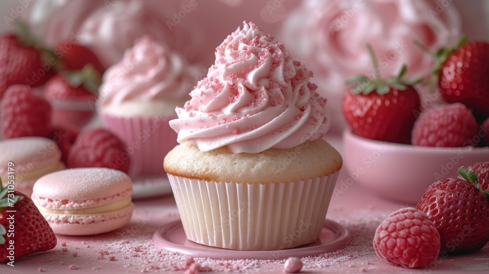 a close up of a cupcake with frosting and strawberries on a table next to a bowl of strawberries.