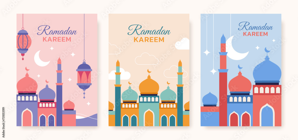 Set of Ramadan Kareem poster template, greeting card, cover. Mosque with arabic lanterns and clouds. Vector illustration