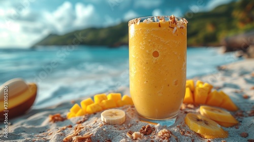 a glass filled with a smoothie sitting on top of a sandy beach next to a banana and kiwi. photo