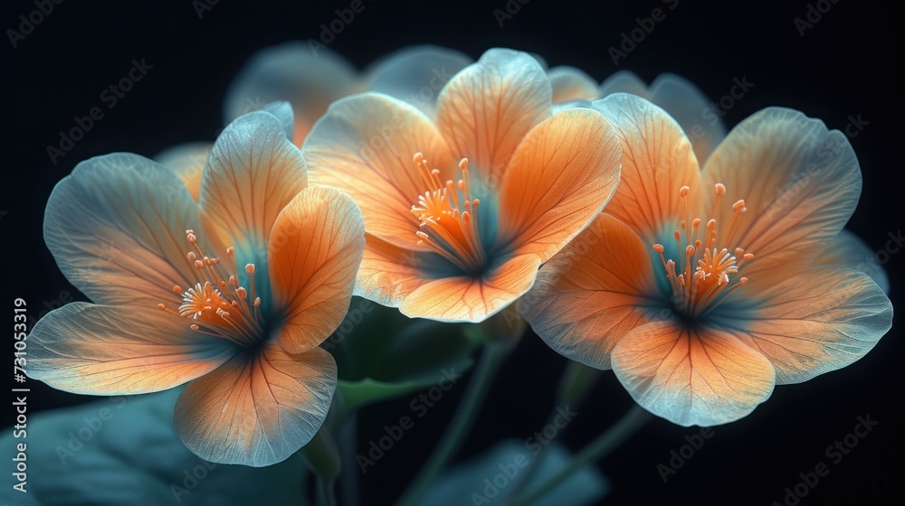 a group of orange flowers sitting on top of a lush green leaf covered field of green leaves on a black background. a group of orange flowers sitting on top of a lush green leaf covered field of green leaves on a black background.
