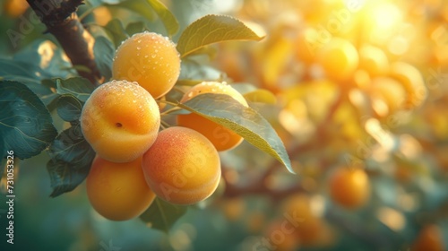 a tree filled with lots of ripe apricots on top of a green leaf covered tree with the sun shining through the leaves.