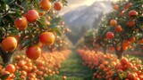 a tree filled with lots of oranges on top of a lush green field next to a snow covered mountain.