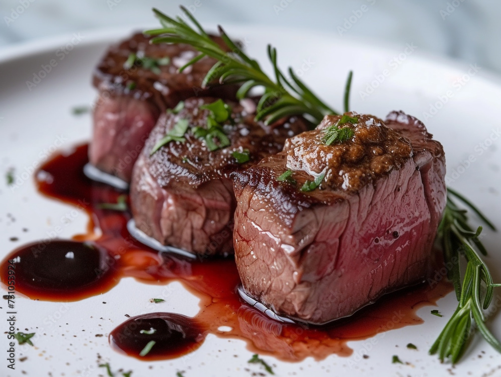 Enjoy the deliciousness of wagyu tenderloin meat. Served in a luxurious style on a white plate. Enjoy the deliciousness of wagyu tenderloin meat. Served in a luxurious style on a white plate.