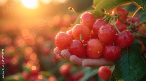 a person's hand holding a bunch of cherries in front of a sunlit field of cherries.