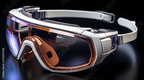 A top view of a futuristic augmented reality glasses with a solid background, demonstrating its sleek design and immersive digital overlays photo