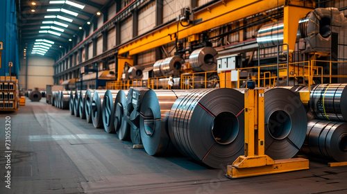 Loading galvanised steel rolls with gantry crane in huge warehouse. photo